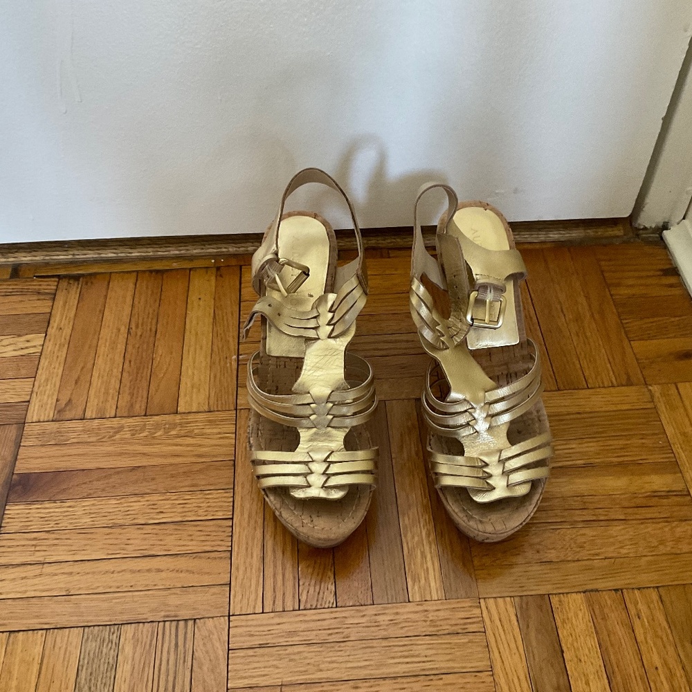 Audrey Brooke Leather Gold Open Toe Heels